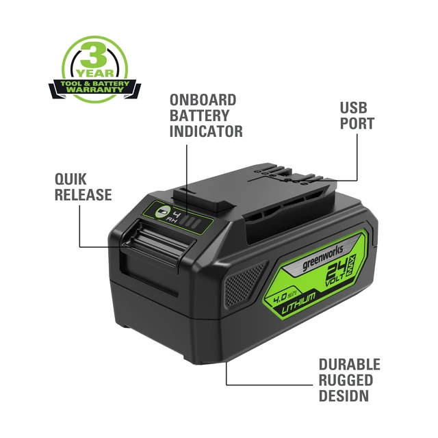 Alt view image 3 of 7 - Greenworks 24V 4.0Ah USB Battery (2-Pack) Starter Kit + Dual Port Rapid Charger (Genuine Greenworks Parts)