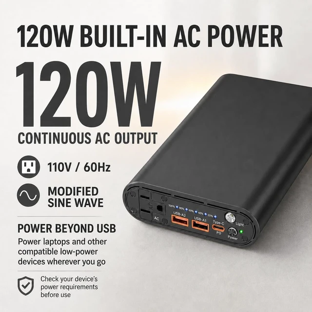 Alt view image 3 of 6 - ZEALOTT Portable Power Bank with 120W AC Outlet | 27000mAh 99.9Wh Portable Power Station, 65W USB-C PD, QC3.0 USB-A & LED Light for Travel, Camping & Emergency Backup