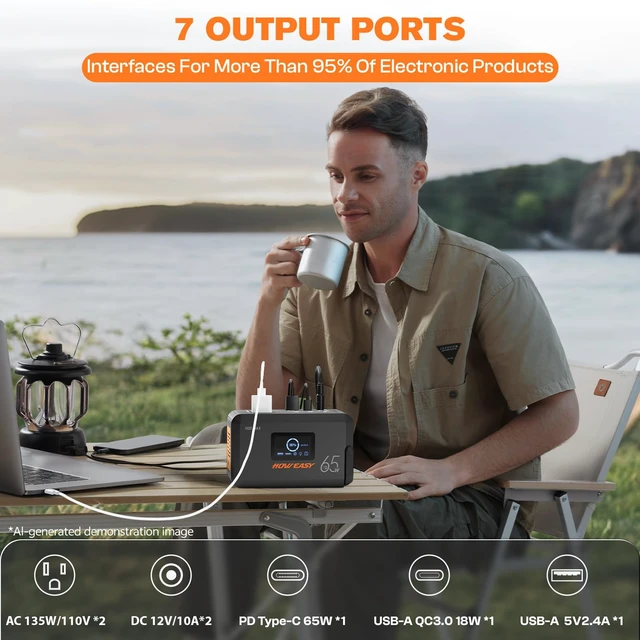 Alt view image 3 of 7 - HOWERASY Portable Power Station 98Wh, 135W(270W Peak) Solar Generator | 65W USB-C Fast Charging with AC Outlet Solar Power Bank, 7 Outlet , Power Bank with LED, Phone, Laptop for Home/Camping