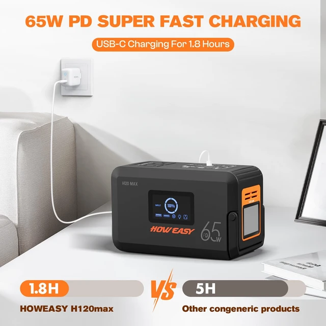 Alt view image 5 of 7 - HOWERASY Portable Power Station 98Wh, 135W(270W Peak) Solar Generator | 65W USB-C Fast Charging with AC Outlet Solar Power Bank, 7 Outlet , Power Bank with LED, Phone, Laptop for Home/Camping