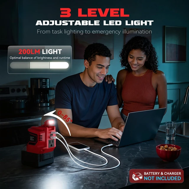 Alt view image 6 of 7 - Ecarke 220W Portable Power Inverter Compatible With Milwaukee 18V Battery | Battery Not Included, DC 18V To AC 110V Portable Power Station, 1 AC Outlet, 2 USB-A, 1 Type-C, 200LM LED, Camping Emergency