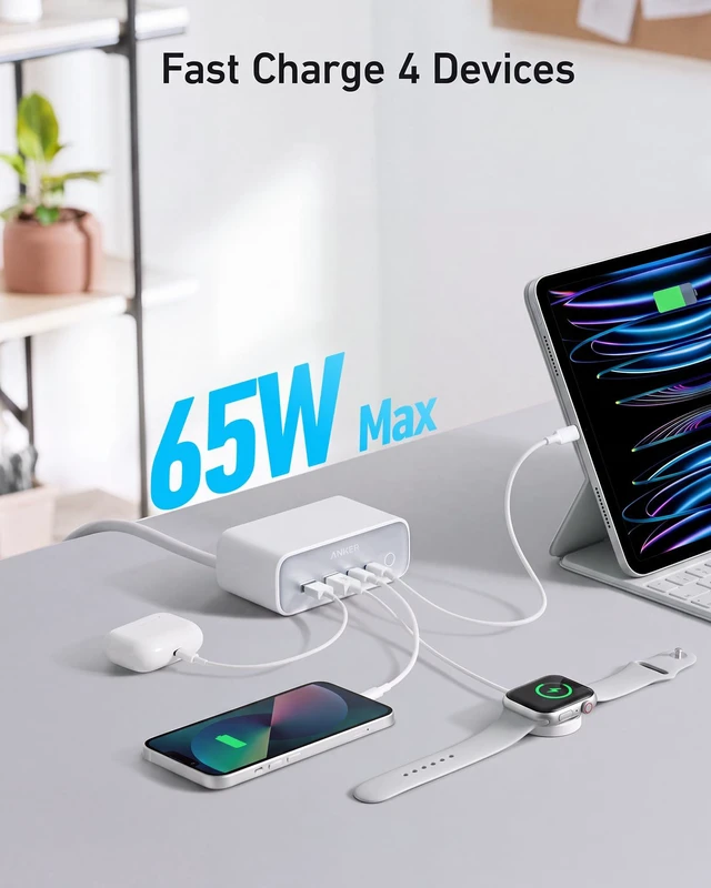 Alt view image 3 of 6 - Anker 525 Charging Station, 7-in-1 USB C Power Strip, 65W Max | 5ft Extension Cord with 3AC, 2USB A, 2USB C, for iphone13/14, Power Delivery Desktop Accessory for MacBook Pro, Home, Office