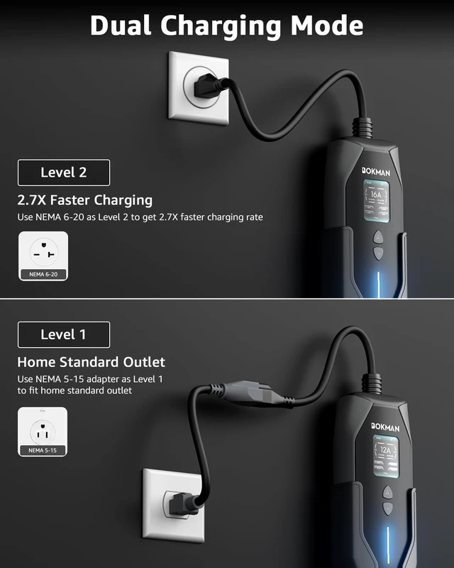 Alt view image 2 of 7 - bokman Portable Level 1&2 EV Charger, 16A 20ft, NEMA 6-20P/5-15 Adapter | Dual 120V/240V, Adjustable 6-16A & 1-12H Delay timer, IP65, J1772 Connector, ETL Certified