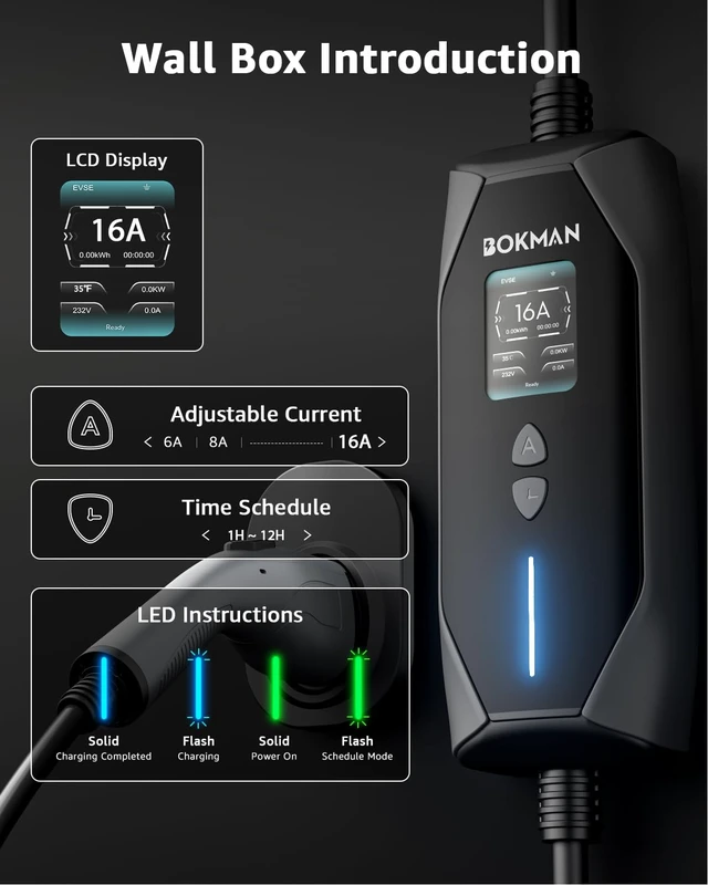 Alt view image 3 of 7 - bokman Portable Level 1&2 EV Charger, 16A 20ft, NEMA 6-20P/5-15 Adapter | Dual 120V/240V, Adjustable 6-16A & 1-12H Delay timer, IP65, J1772 Connector, ETL Certified
