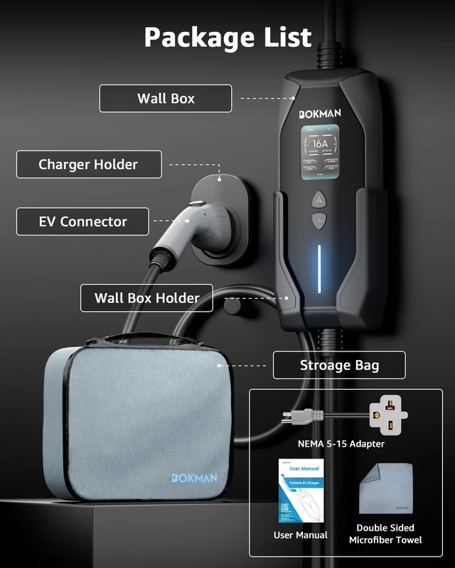 Alt view image 7 of 7 - bokman Portable Level 1&2 EV Charger, 16A 20ft, NEMA 6-20P/5-15 Adapter | Dual 120V/240V, Adjustable 6-16A & 1-12H Delay timer, IP65, J1772 Connector, ETL Certified