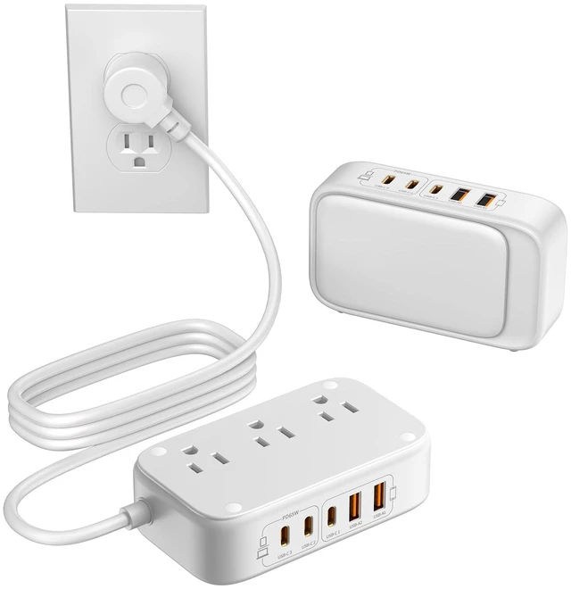 Main image of Portable USB Power Strip with 65W PD Fast Charging, 7-in-1 Flat Plug 3 USB-C 2 USB-A Ports 2500W AC Outlets, 175W Total Extension Cord for Home/Office/College/Travel (White)