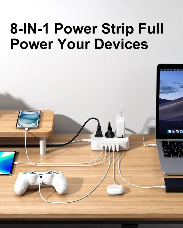Alt view image 2 of 7 - Portable USB Power Strip with 65W PD Fast Charging, 7-in-1 Flat Plug 3 USB-C 2 USB-A Ports 2500W AC Outlets, 175W Total Extension Cord for Home/Office/College/Travel (White)