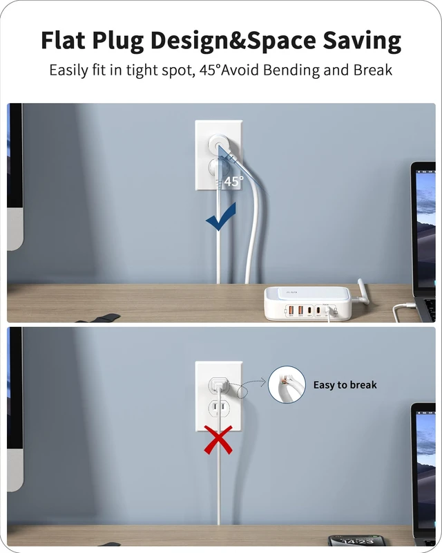 Alt view image 5 of 7 - Portable USB Power Strip with 65W PD Fast Charging, 7-in-1 Flat Plug 3 USB-C 2 USB-A Ports 2500W AC Outlets, 175W Total Extension Cord for Home/Office/College/Travel (White)