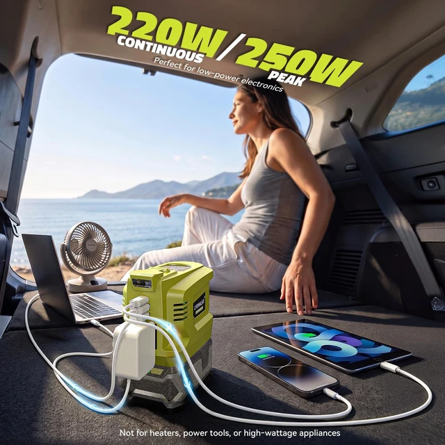 Alt view image 5 of 7 - LIVOWALNY 220W-250W Power Inverter Compatible with Ryobi 18V Battery, DC 18V to AC 110-120V Power Station with 1 AC Outlet, 2 USB, 1 Type-C & LED Light, for Camping Power Outage (No Battery)