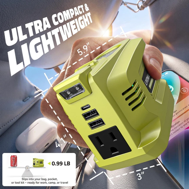 Alt view image 7 of 7 - LIVOWALNY 220W-250W Power Inverter Compatible with Ryobi 18V Battery, DC 18V to AC 110-120V Power Station with 1 AC Outlet, 2 USB, 1 Type-C & LED Light, for Camping Power Outage (No Battery)