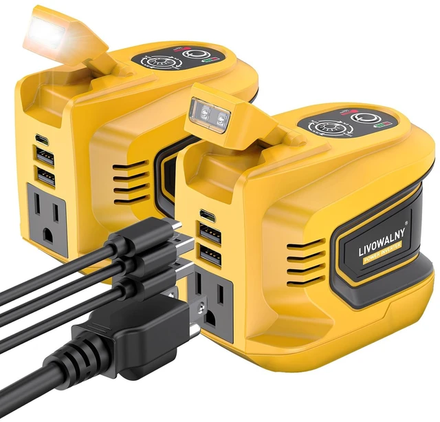 Main image of LIVOWALNY 220W-250W Power Inverter Compatible with DeWALT 20V Battery (Battery Not Included), DC 20V to AC 110V-120V Portable Inverter, 1 AC Outlet, 2 USB Ports & 1 Type-C Port, LED Work Light(2-Pack)