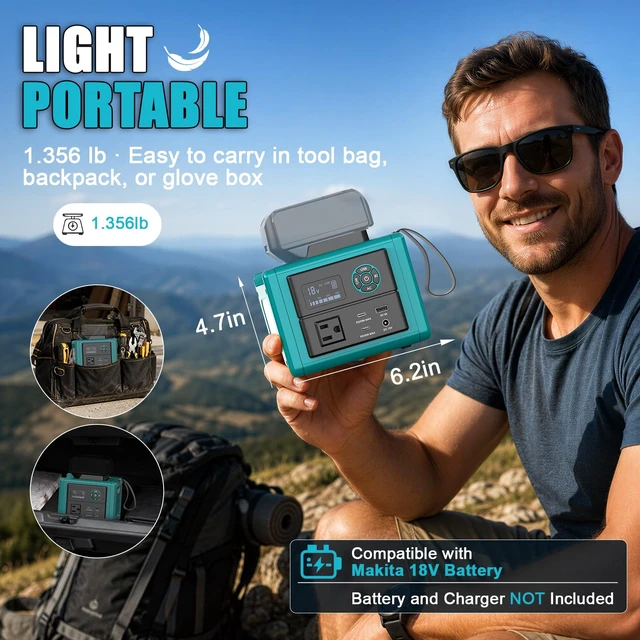 Alt view image 4 of 7 - LIVOWALNY 350W Portable Power Inverter Compatible with Makita 18V Battery (Tool Only), Compact Station: 2x70W USB-C PD, AC, USB-A, 12V DC, 800lm LED & Display Camping, Jobsite, Road Trip, Emergency
