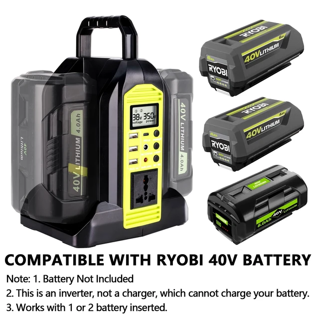 Alt view image 2 of 7 - Hiesuan Power Inverter for Ryobi 40V Battery, 350W 2-Port Battery Converter DC 40V to AC 120V, Portable Generators with LED Light, 6 Output Ports, LCD Display for RV Camping, Emergency, Power Outages