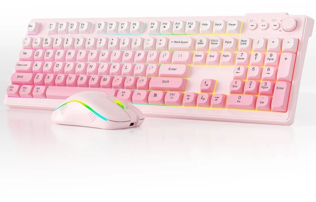 Main image of Wireless Keyboard and Mouse Combo, RGB Backlit Rechargeable 2000 mAh Battery, Tri-Mode Bluetooth/2.4GHz/USB-C Custom Creamy Keyboard, RGB Backlit Media Knob (Gradient Pink)