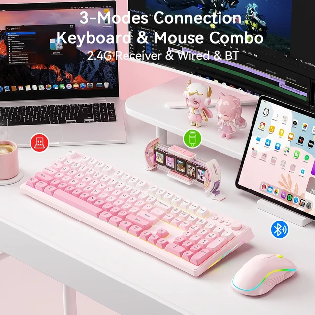 Alt view image 2 of 6 - Wireless Keyboard and Mouse Combo, RGB Backlit Rechargeable 2000 mAh Battery, Tri-Mode Bluetooth/2.4GHz/USB-C Custom Creamy Keyboard, RGB Backlit Media Knob (Gradient Pink)