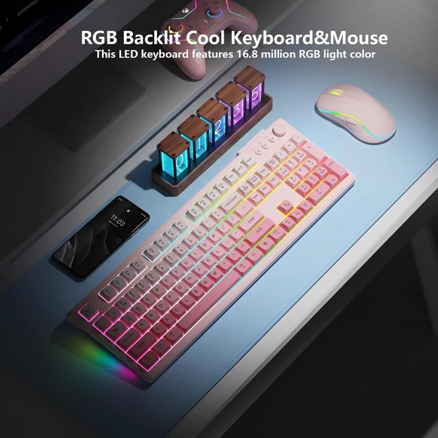 Alt view image 5 of 6 - Wireless Keyboard and Mouse Combo, RGB Backlit Rechargeable 2000 mAh Battery, Tri-Mode Bluetooth/2.4GHz/USB-C Custom Creamy Keyboard, RGB Backlit Media Knob (Gradient Pink)