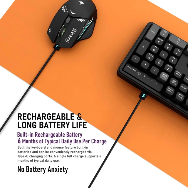Alt view image 5 of 7 - Rechargeable Wireless Keyboard and Mouse Combo, Full-Size - Black-Gray | Quiet Keyboard with Ergonomic MDA Sculpted Keycaps & Mouse, Plug & Play for Office/Home, Windows Computer PC & Laptops