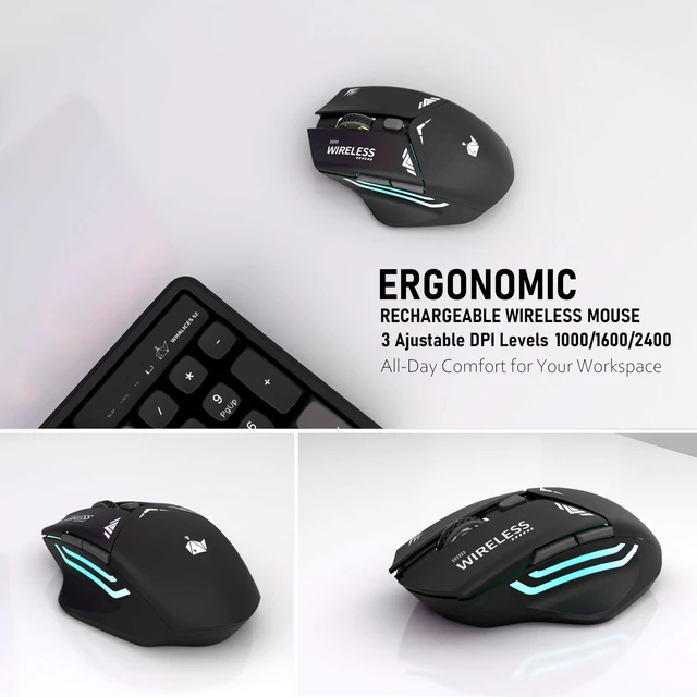 Alt view image 3 of 7 - Rechargeable Wireless Keyboard and Mouse Combo, Full-Size - Black-Gray | Quiet Keyboard with Ergonomic MDA Sculpted Keycaps & Mouse, Plug & Play for Office/Home, Windows Computer PC & Laptops