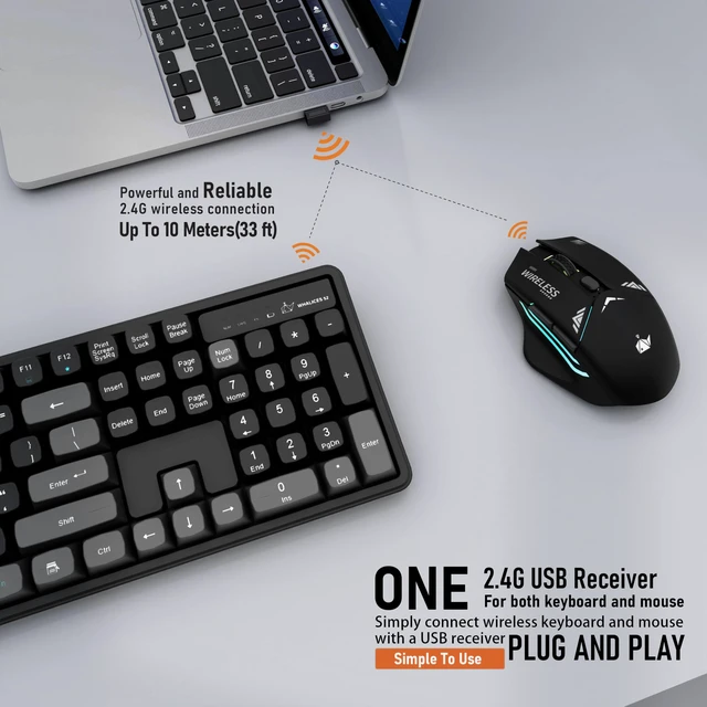 Alt view image 4 of 7 - Rechargeable Wireless Keyboard and Mouse Combo, Full-Size - Black-Gray | Quiet Keyboard with Ergonomic MDA Sculpted Keycaps & Mouse, Plug & Play for Office/Home, Windows Computer PC & Laptops