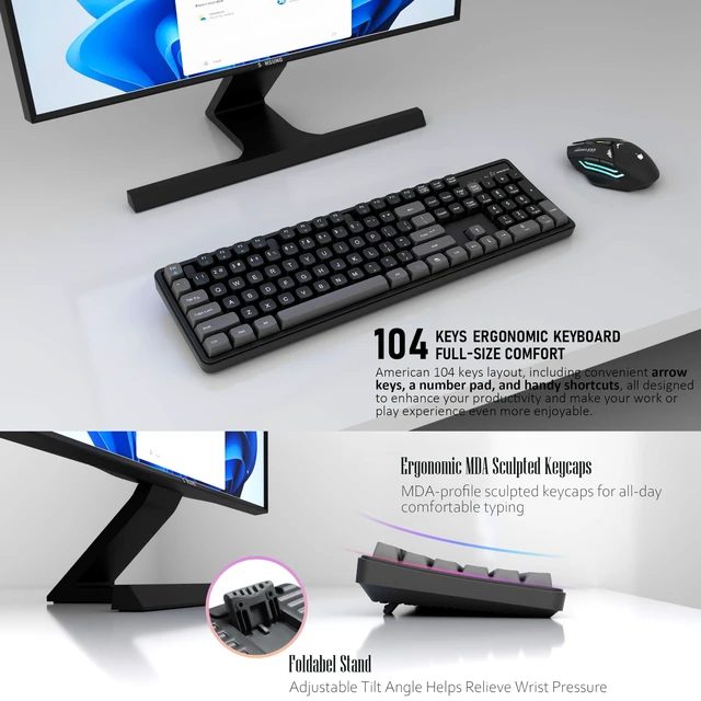 Alt view image 2 of 7 - Rechargeable Wireless Keyboard and Mouse Combo, Full-Size - Black-Gray | Quiet Keyboard with Ergonomic MDA Sculpted Keycaps & Mouse, Plug & Play for Office/Home, Windows Computer PC & Laptops