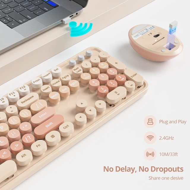Alt view image 2 of 6 - GTSP Colorful Brown Wireless Keyboard and Mouse Combo, Retro Wireless Typewriter Full-Size Cute Office Keyboard 2.4GHz with Round Keycaps for Desktop Laptop and PC (Cute Brown)