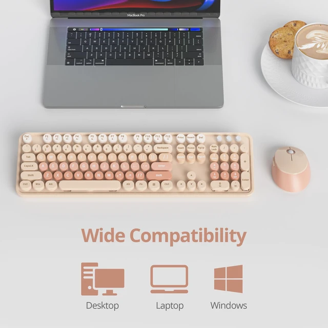 Alt view image 6 of 6 - GTSP Colorful Brown Wireless Keyboard and Mouse Combo, Retro Wireless Typewriter Full-Size Cute Office Keyboard 2.4GHz with Round Keycaps for Desktop Laptop and PC (Cute Brown)