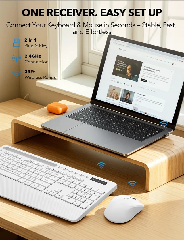 Alt view image 5 of 7 - Wireless Keyboard and Mouse Combo - Full-Sized Ergonomic Keyboard | Ergonomic, Wrist Rest, Sleep Mode, Silent Typing, 3 DPI Mouse, USB-C Adapter, 2.4GHz Stable for Laptop, PC