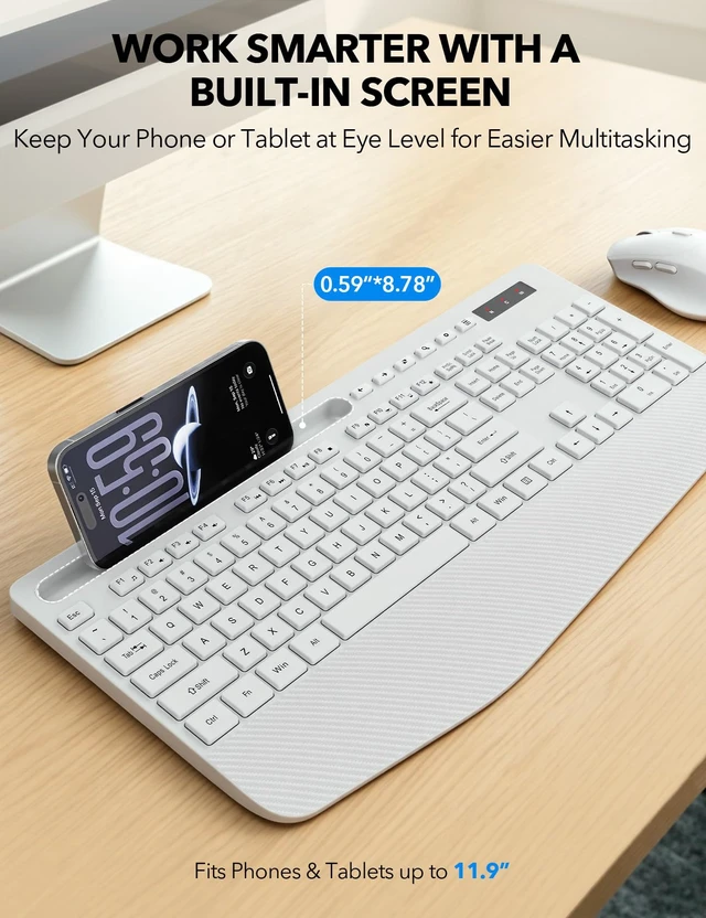 Alt view image 3 of 7 - Wireless Keyboard and Mouse Combo - Full-Sized Ergonomic Keyboard | Ergonomic, Wrist Rest, Sleep Mode, Silent Typing, 3 DPI Mouse, USB-C Adapter, 2.4GHz Stable for Laptop, PC