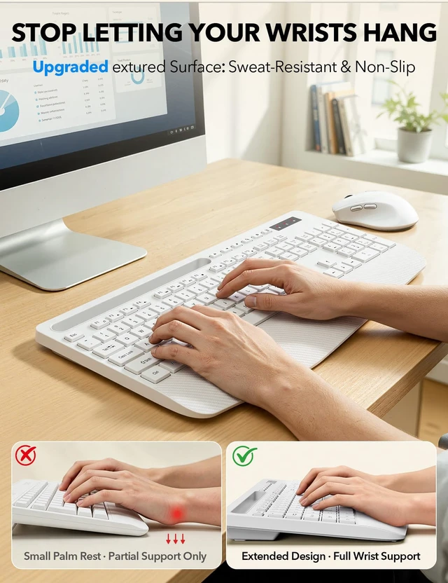 Alt view image 4 of 7 - Wireless Keyboard and Mouse Combo - Full-Sized Ergonomic Keyboard | Ergonomic, Wrist Rest, Sleep Mode, Silent Typing, 3 DPI Mouse, USB-C Adapter, 2.4GHz Stable for Laptop, PC