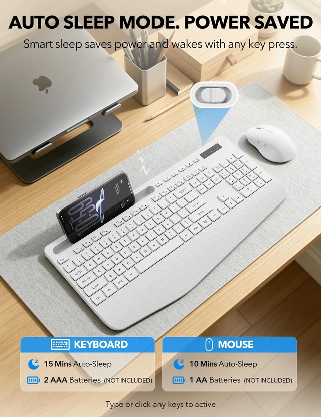 Alt view image 6 of 7 - Wireless Keyboard and Mouse Combo - Full-Sized Ergonomic Keyboard | Ergonomic, Wrist Rest, Sleep Mode, Silent Typing, 3 DPI Mouse, USB-C Adapter, 2.4GHz Stable for Laptop, PC