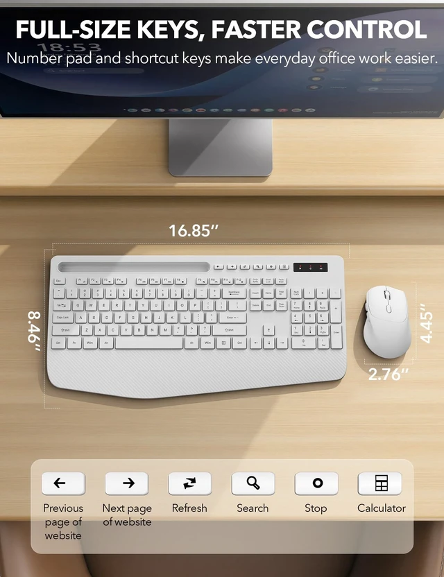 Alt view image 7 of 7 - Wireless Keyboard and Mouse Combo - Full-Sized Ergonomic Keyboard | Ergonomic, Wrist Rest, Sleep Mode, Silent Typing, 3 DPI Mouse, USB-C Adapter, 2.4GHz Stable for Laptop, PC