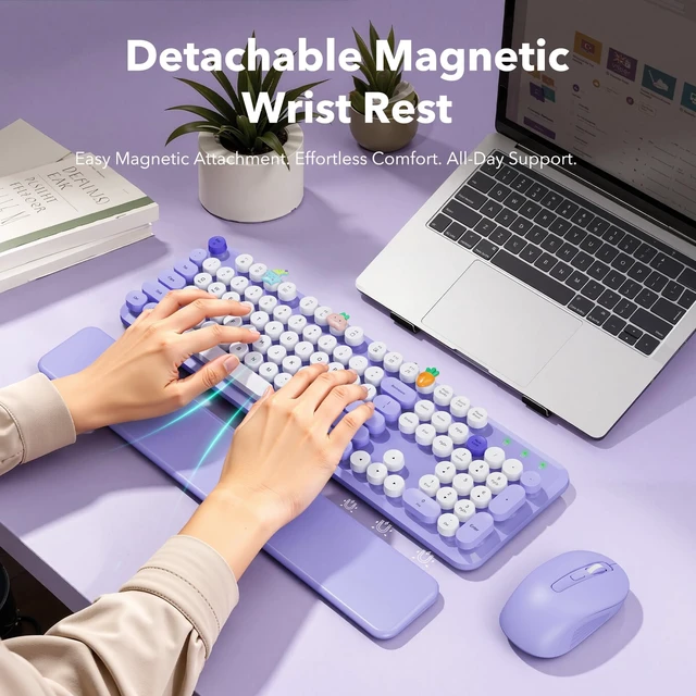 Alt view image 2 of 7 - Wireless Keyboard and Mouse, Round Keycaps, Magnetic Wrist Rest, Purple | Full-Size Retro Typewriter-Style Keyboard, Tilt Legs, Auto Sleep, 2.4GHz Cordless for MacOS, Windows PC, Laptop, SABLUTE CK23