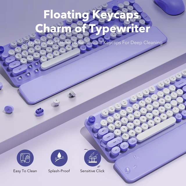 Alt view image 3 of 7 - Wireless Keyboard and Mouse, Round Keycaps, Magnetic Wrist Rest, Purple | Full-Size Retro Typewriter-Style Keyboard, Tilt Legs, Auto Sleep, 2.4GHz Cordless for MacOS, Windows PC, Laptop, SABLUTE CK23