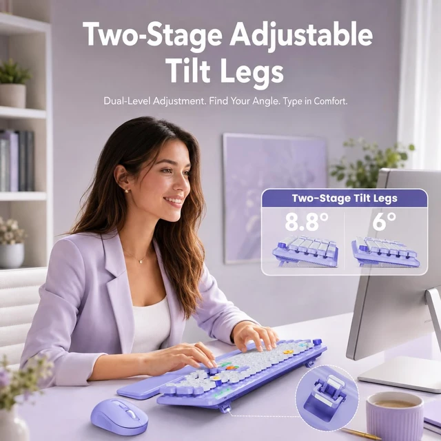 Alt view image 4 of 7 - Wireless Keyboard and Mouse, Round Keycaps, Magnetic Wrist Rest, Purple | Full-Size Retro Typewriter-Style Keyboard, Tilt Legs, Auto Sleep, 2.4GHz Cordless for MacOS, Windows PC, Laptop, SABLUTE CK23