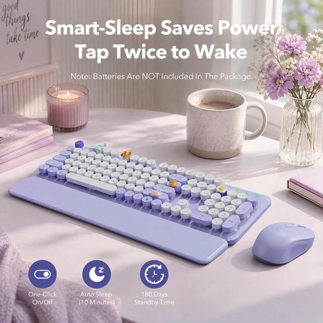 Alt view image 5 of 7 - Wireless Keyboard and Mouse, Round Keycaps, Magnetic Wrist Rest, Purple | Full-Size Retro Typewriter-Style Keyboard, Tilt Legs, Auto Sleep, 2.4GHz Cordless for MacOS, Windows PC, Laptop, SABLUTE CK23
