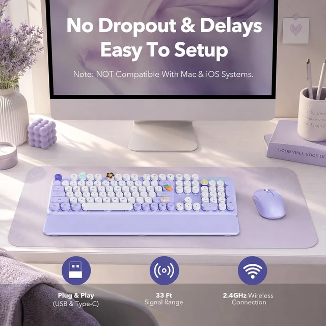 Alt view image 6 of 7 - Wireless Keyboard and Mouse, Round Keycaps, Magnetic Wrist Rest, Purple | Full-Size Retro Typewriter-Style Keyboard, Tilt Legs, Auto Sleep, 2.4GHz Cordless for MacOS, Windows PC, Laptop, SABLUTE CK23