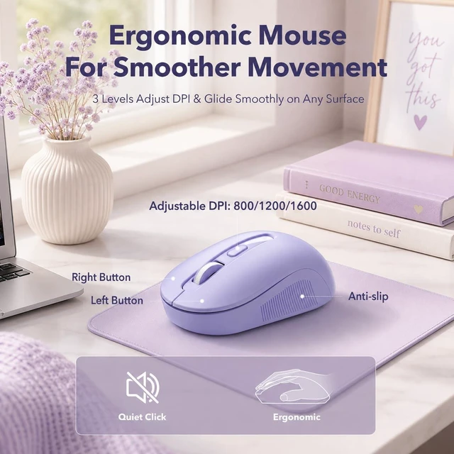 Alt view image 7 of 7 - Wireless Keyboard and Mouse, Round Keycaps, Magnetic Wrist Rest, Purple | Full-Size Retro Typewriter-Style Keyboard, Tilt Legs, Auto Sleep, 2.4GHz Cordless for MacOS, Windows PC, Laptop, SABLUTE CK23