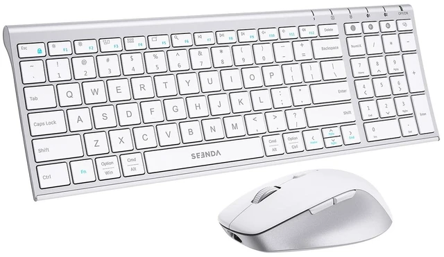 Main image of seenda COE401 Bluetooth Keyboard Mouse Combo, Rechargeable, White Silver | Silent rechargeable keyboard and mouse with 3-device connection for Windows, Mac, iPad, and laptops.