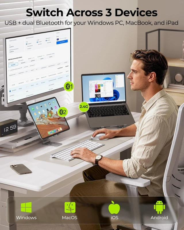 Alt view image 2 of 7 - seenda COE401 Bluetooth Keyboard Mouse Combo, Rechargeable, White Silver | Silent rechargeable keyboard and mouse with 3-device connection for Windows, Mac, iPad, and laptops.