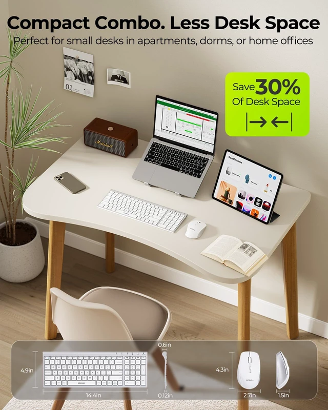 Alt view image 3 of 7 - seenda COE401 Bluetooth Keyboard Mouse Combo, Rechargeable, White Silver | Silent rechargeable keyboard and mouse with 3-device connection for Windows, Mac, iPad, and laptops.