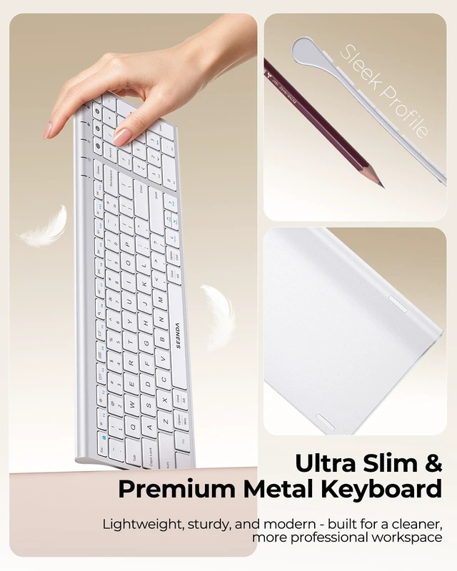 Alt view image 4 of 7 - seenda COE401 Bluetooth Keyboard Mouse Combo, Rechargeable, White Silver | Silent rechargeable keyboard and mouse with 3-device connection for Windows, Mac, iPad, and laptops.