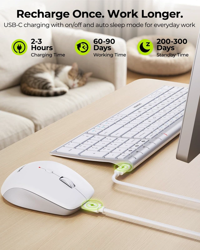 Alt view image 5 of 7 - seenda COE401 Bluetooth Keyboard Mouse Combo, Rechargeable, White Silver | Silent rechargeable keyboard and mouse with 3-device connection for Windows, Mac, iPad, and laptops.