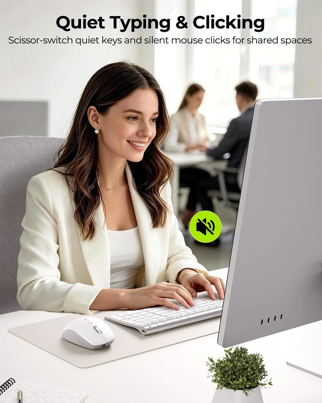 Alt view image 6 of 7 - seenda COE401 Bluetooth Keyboard Mouse Combo, Rechargeable, White Silver | Silent rechargeable keyboard and mouse with 3-device connection for Windows, Mac, iPad, and laptops.