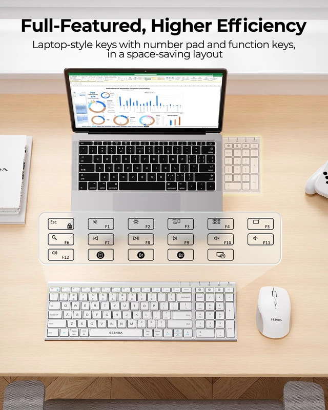 Alt view image 7 of 7 - seenda COE401 Bluetooth Keyboard Mouse Combo, Rechargeable, White Silver | Silent rechargeable keyboard and mouse with 3-device connection for Windows, Mac, iPad, and laptops.