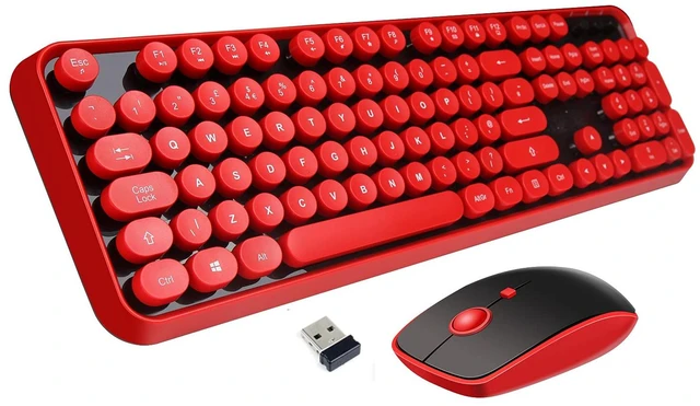 Main image of Red Color Keyboard and Mouse Wireless,Retro Typewriter Style Round Keys | Cute Bubble Keys,Clicky Typing Sound,2.4GHz USB Receiver,Full-Size with Number Pad,for Long Nails PC Laptop Computer Desktop