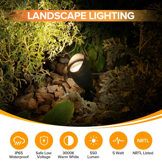 Alt view image 3 of 7 - LUTEC 12V Low Voltage Landscape Lighting, Die-cast Aluminum Spot Lights with Connectors, IP65 Waterproof Outdoor Landscape Spotlights, 5W 550LM Warm White 3000K for Tree Garden Yard Pathway, 8 Pack
