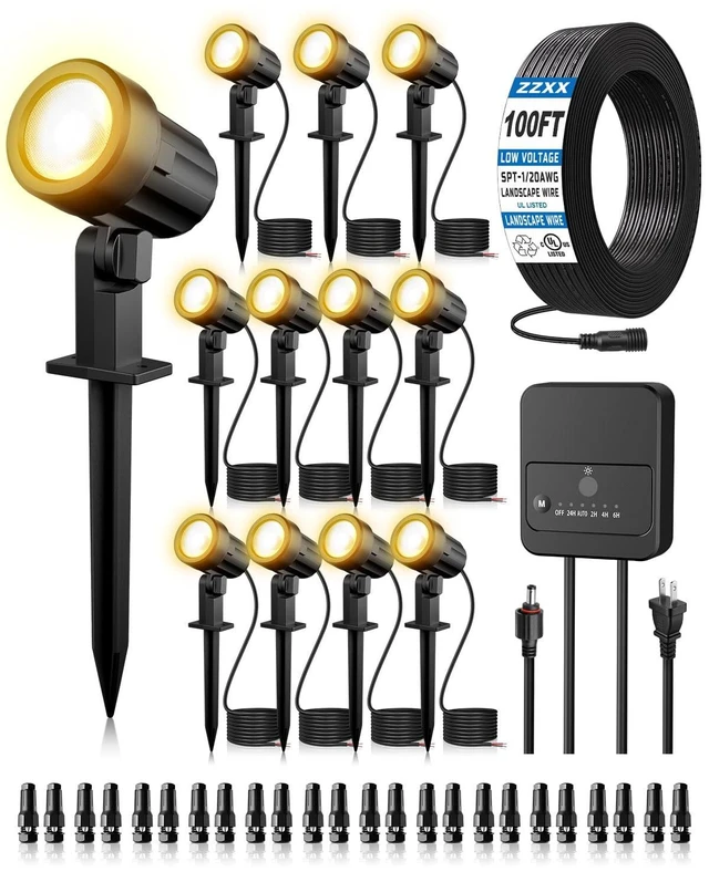 Main image of ZZXX All-in-One Low Voltage Landscape Lighting Kit Dusk to Dawn, 12-Pack | LED Landscape Lights with Transformer 100FT Wire and Connectors, 2700K Waterproof Garden Spot Lights for Yard House Tree