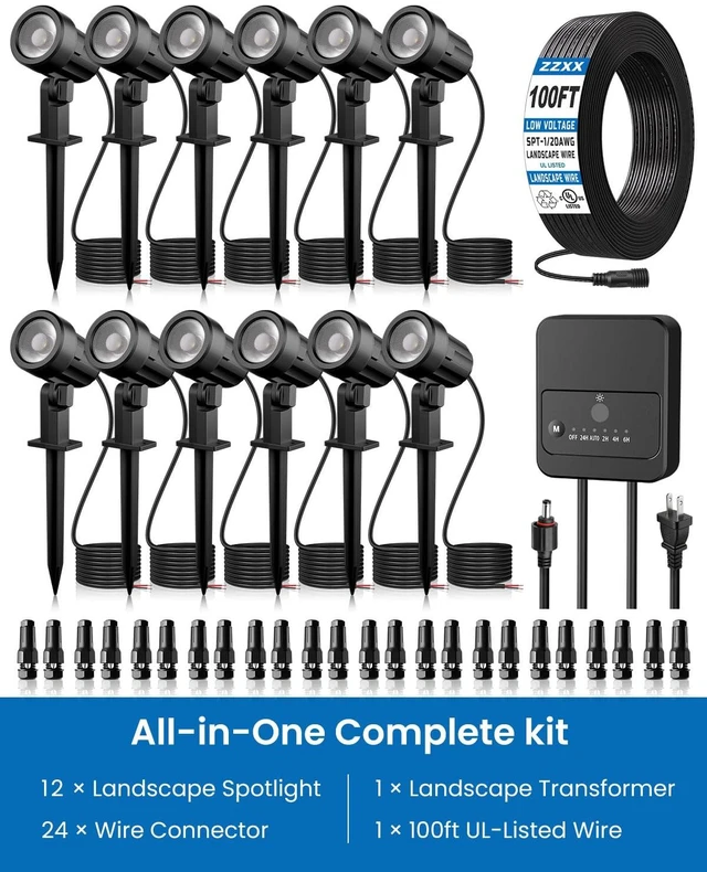 Alt view image 2 of 7 - ZZXX All-in-One Low Voltage Landscape Lighting Kit Dusk to Dawn, 12-Pack | LED Landscape Lights with Transformer 100FT Wire and Connectors, 2700K Waterproof Garden Spot Lights for Yard House Tree