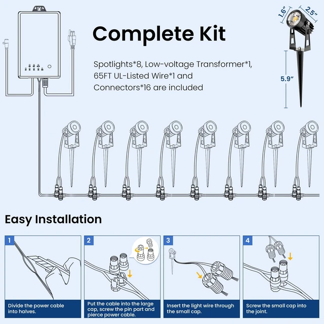 Alt view image 7 of 7 - Low Voltage Landscape Spot Lights 8 Pack with 60W Transformer and 65FT Wire | All-in-One Outdoor Low Voltage Landscape Lighting Kit, Waterproof Spotlights for Yard, Garden, Tree, Pathway, House, 3000K