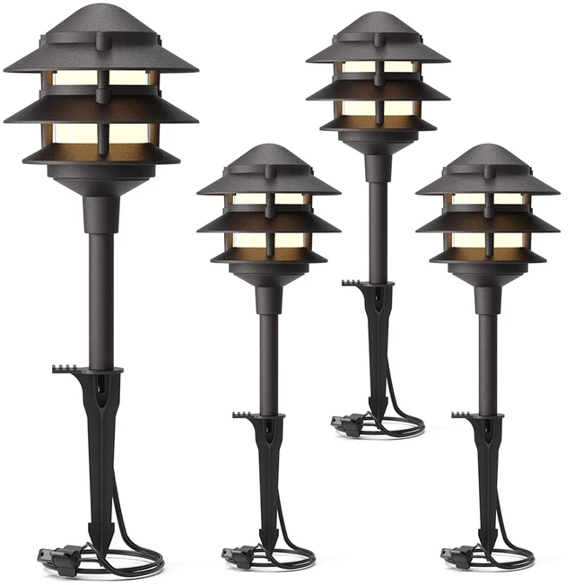 Main image of GOODSMANN Landscape Lighting 4PK Pathway Lights Low Voltage 2.2 Watt LED 12V AC Landscape Lights 30 Lumen Warm White with Cable Connectors Metal Stakes 9122-21102-04A